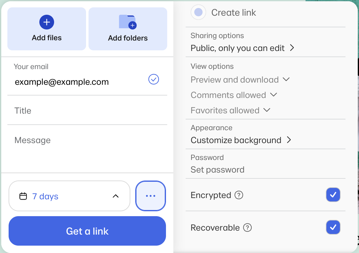 Transfer options panel with the Encrypted setting switched on.