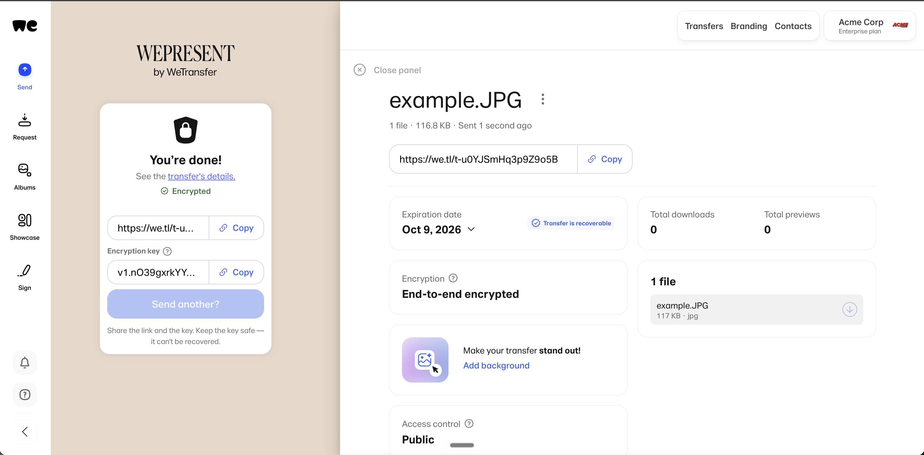 Sender confirmation screen showing the encryption key and the link to share separately.