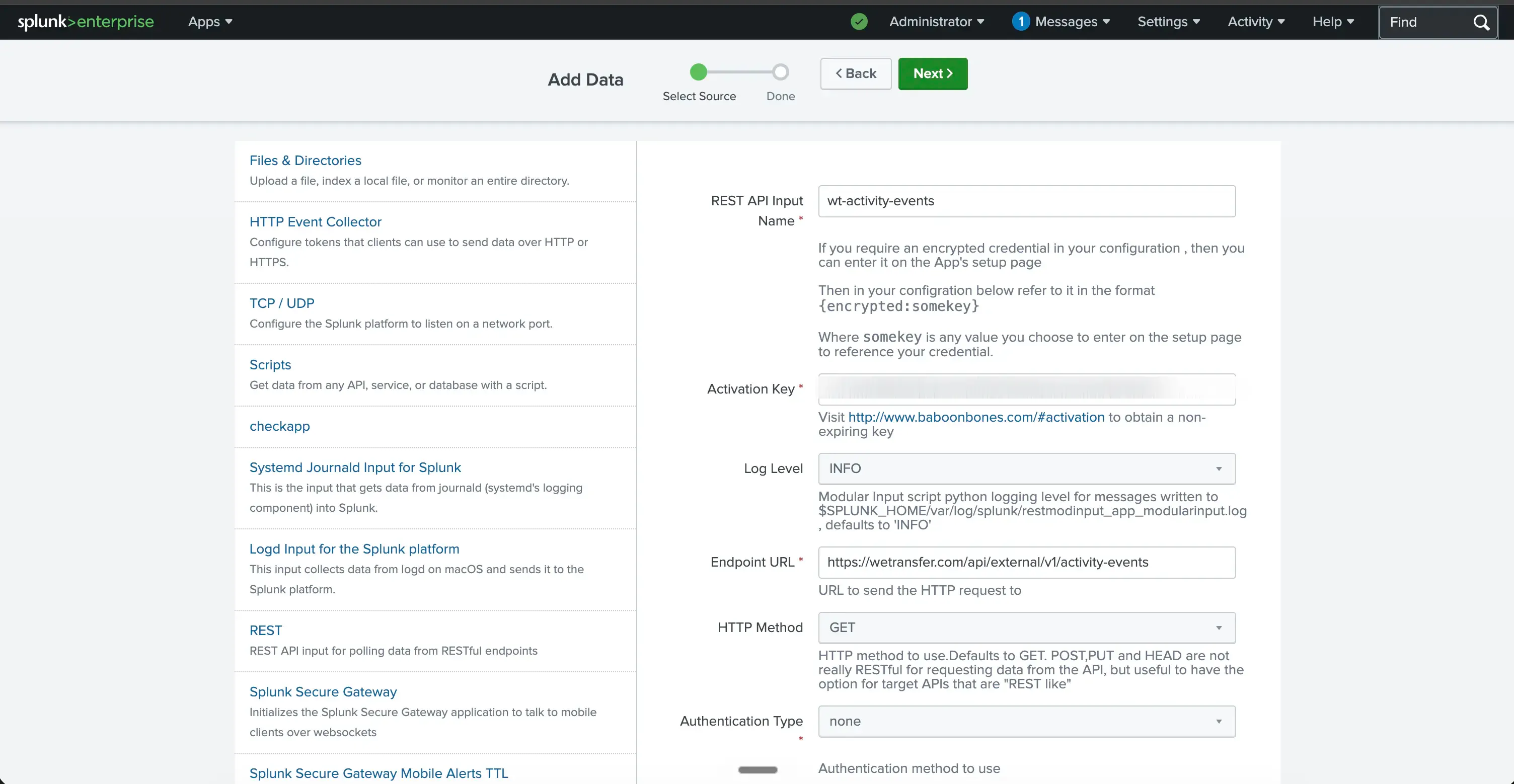 Filled-in REST input form in Splunk