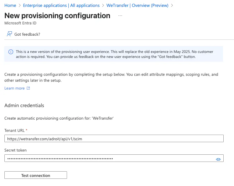 Azure: provisioning configuration with Tenant URL and Secret token