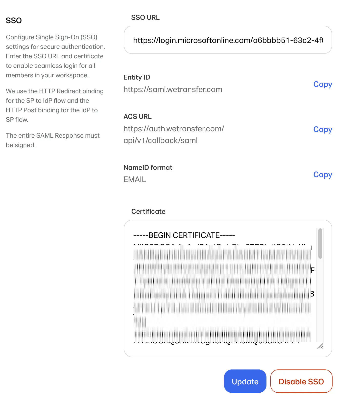 Azure: Login URL and Certificate (Base64) sections