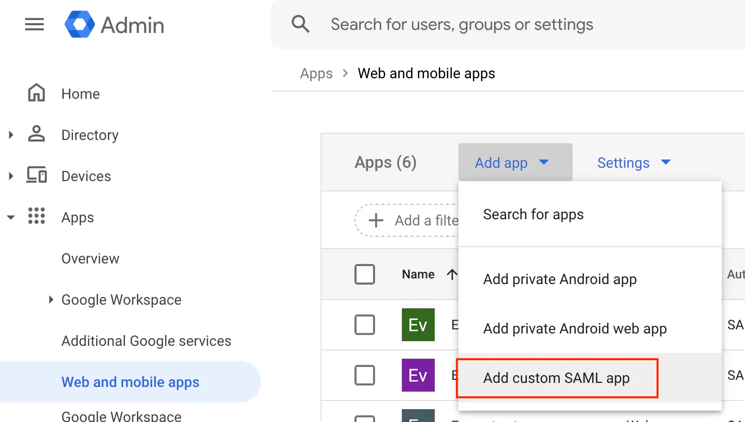 Google Admin: add a custom SAML app