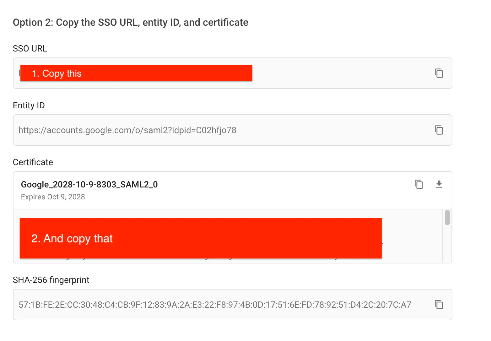 Google Admin: step 2 of SAML app setup with SSO URL and Certificate