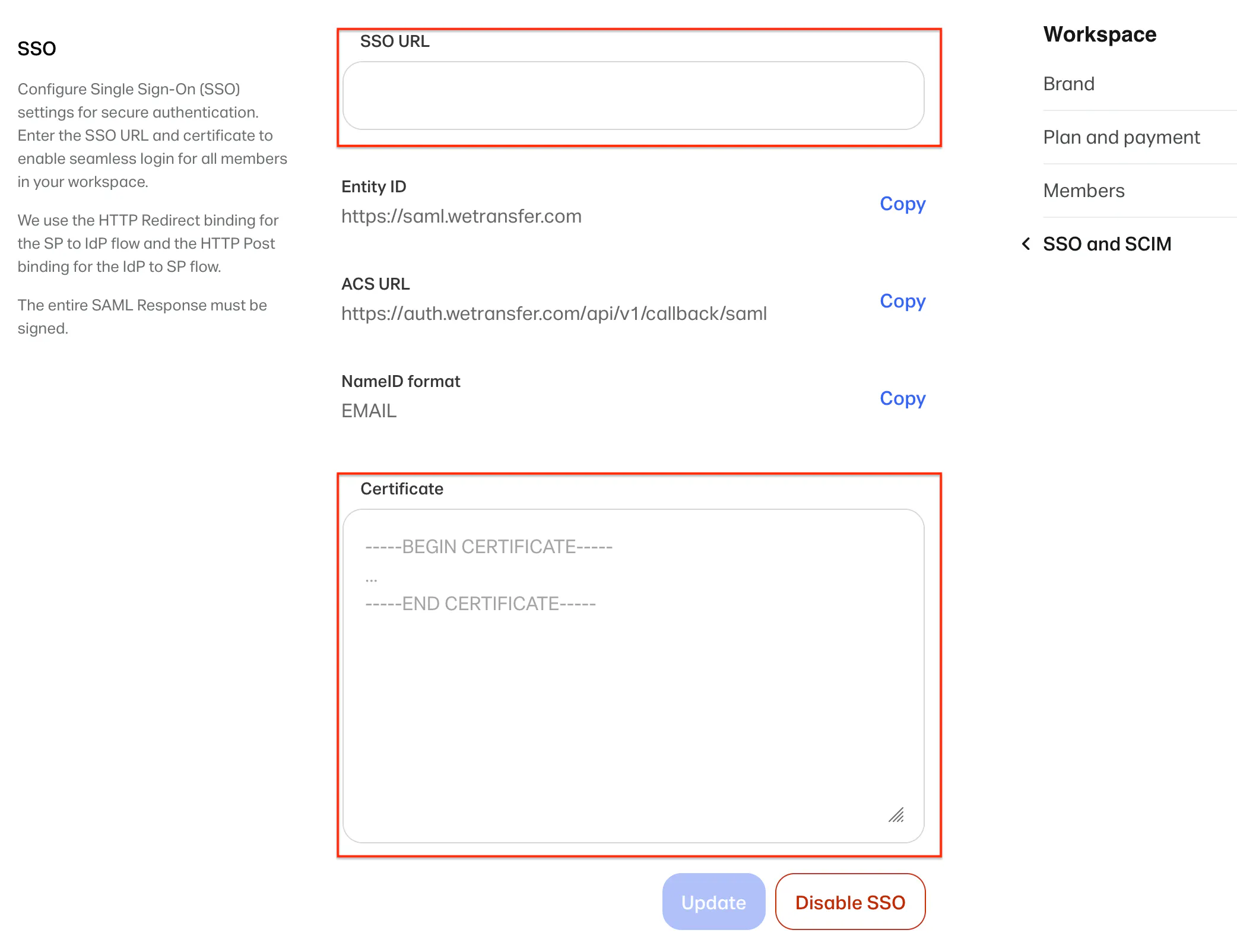 WeTransfer SSO configuration page with Entity ID and ACS URL