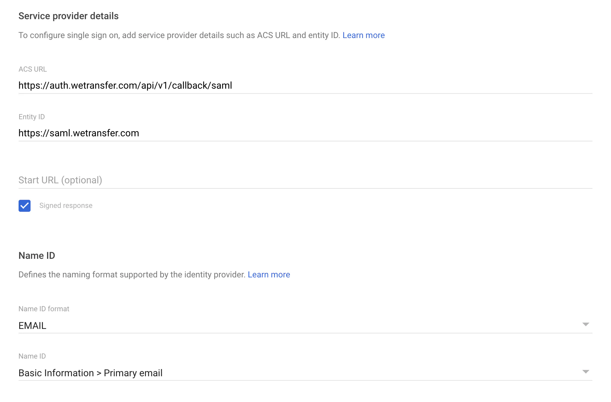 Google Admin: step 3 SAML setup with Entity ID, ACS URL, Name ID format