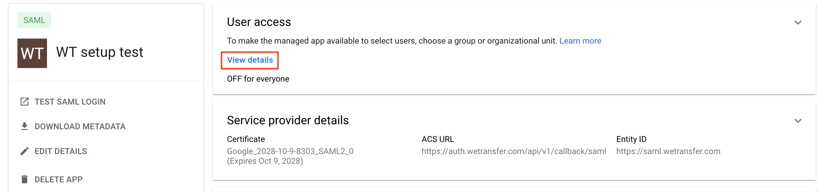 Google Admin: configuration page for SAML app with User access section