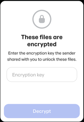 Recipient screen asking for the encryption key, with a Decrypt button.