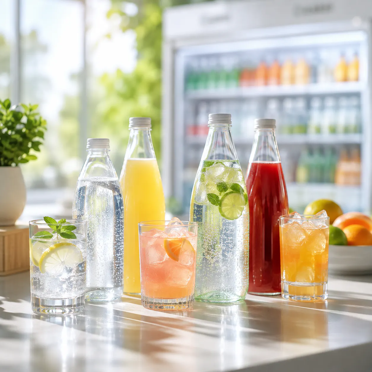 Visual of glasses and bottles filled with colorful and fizzy drinks