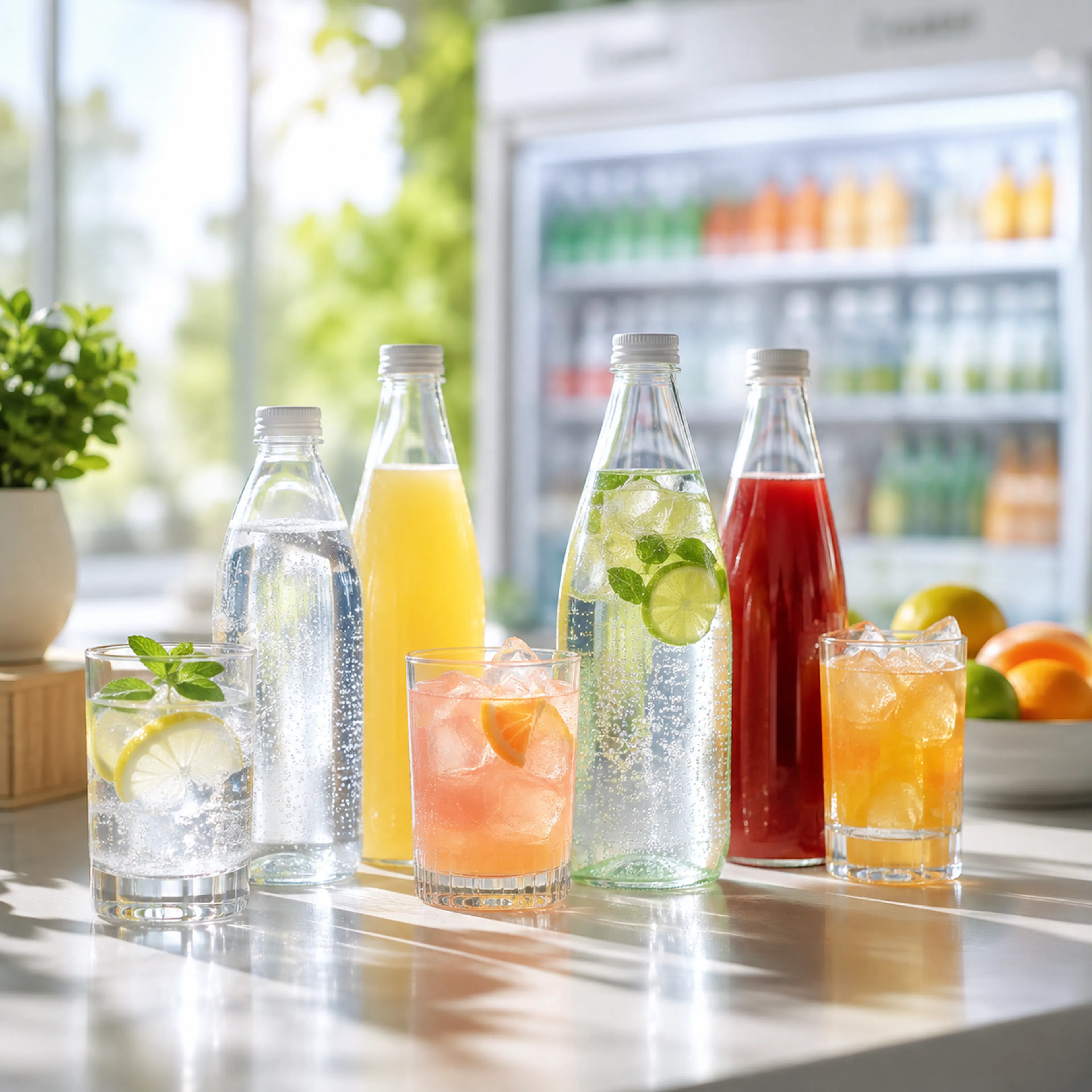 Visual of glasses and bottles filled with colorful and fizzy drinks