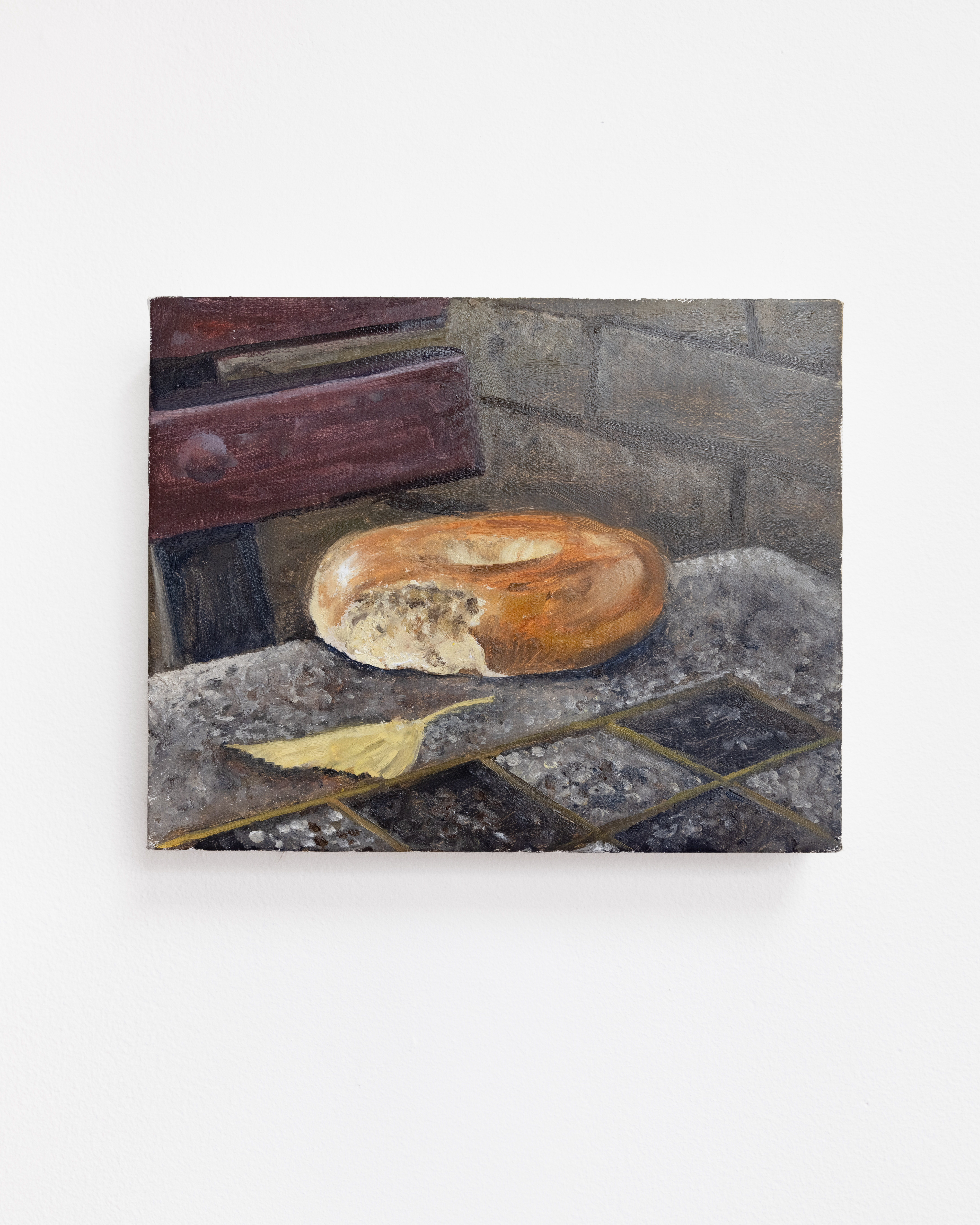 Bagel On Chess Table, 2025. Oil on linen 8x10in