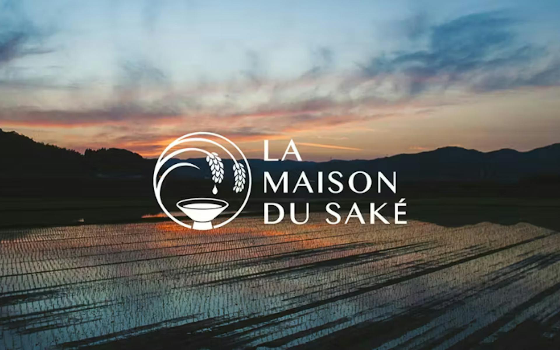 Paysage de rizières au Japon au coucher du soleil avec le logo La Maison du Saké