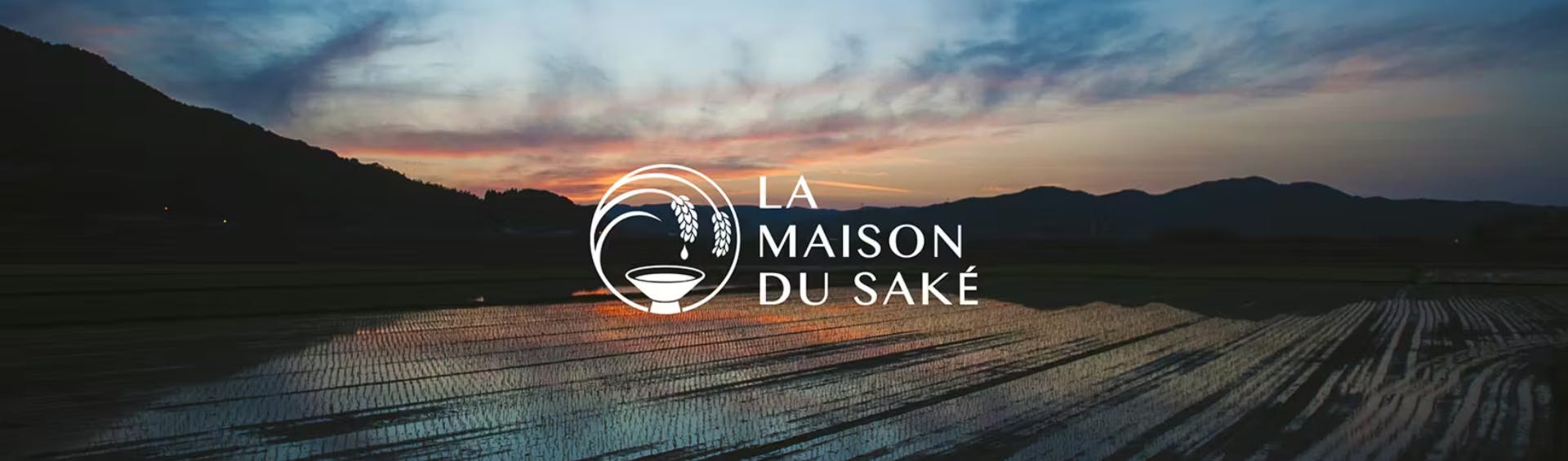 Paysage de rizières au Japon au coucher du soleil avec le logo La Maison du Saké