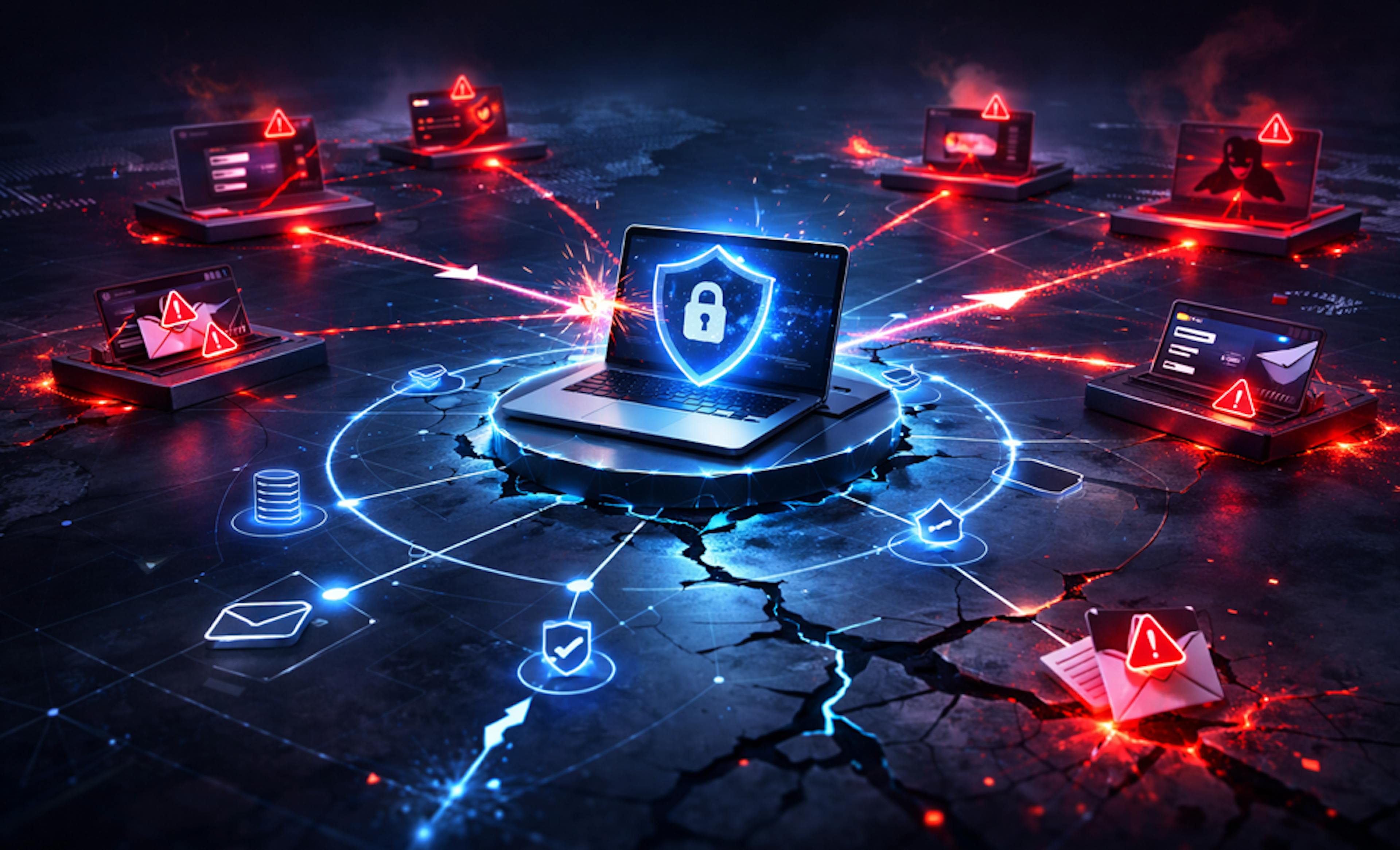 Blue secure laptop blocking multiple connected phishing nodes in a network graph