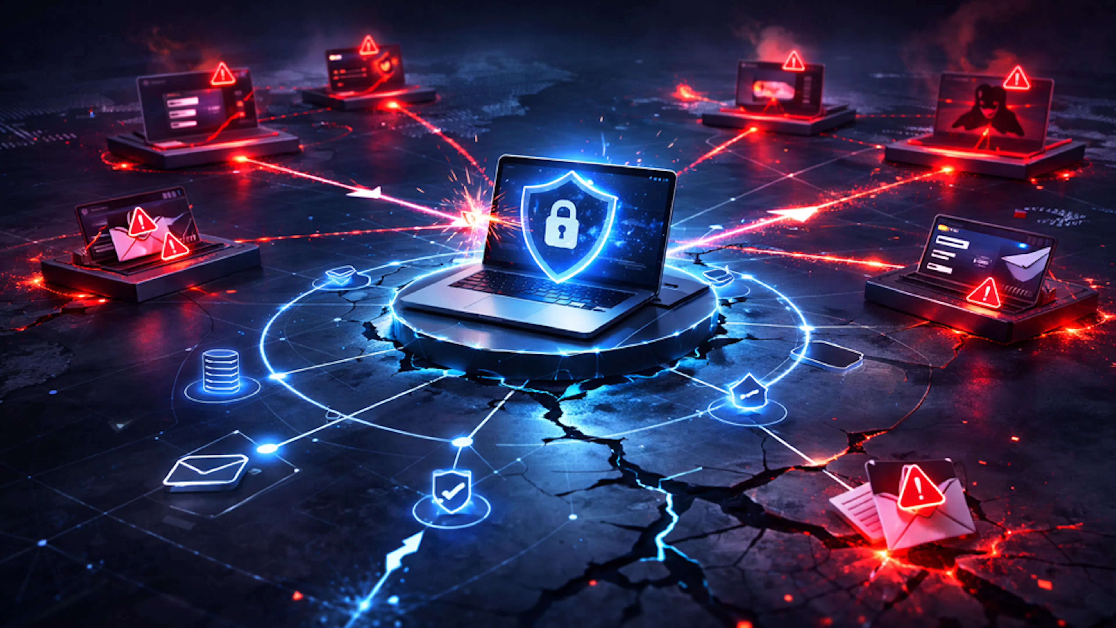 Blue secure laptop blocking multiple connected phishing nodes in a network graph