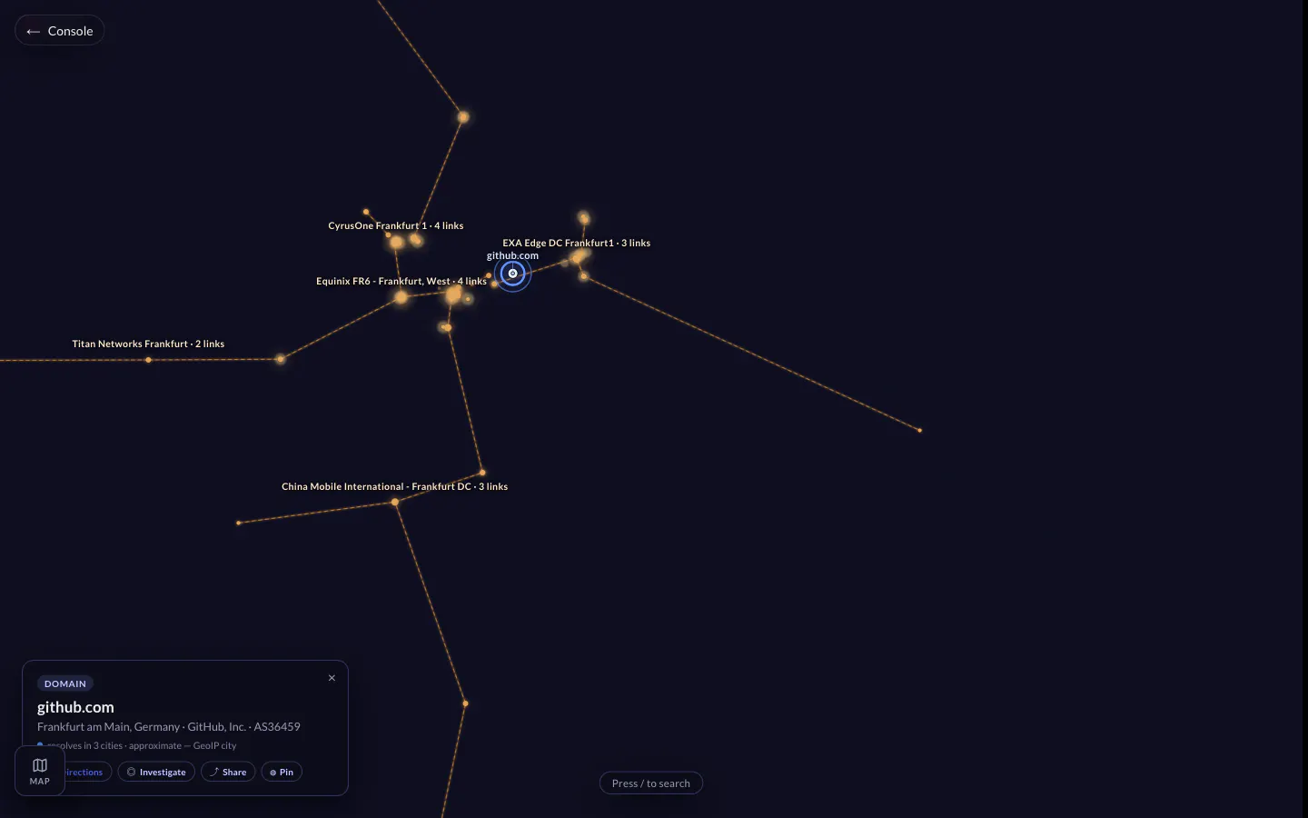 Whisper Atlas zoomed into Frankfurt: github.com resolved to GitHub, Inc. on AS36459, among the data centers and the links between them