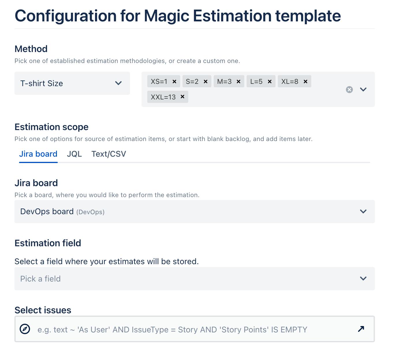 magic estimation template configuration