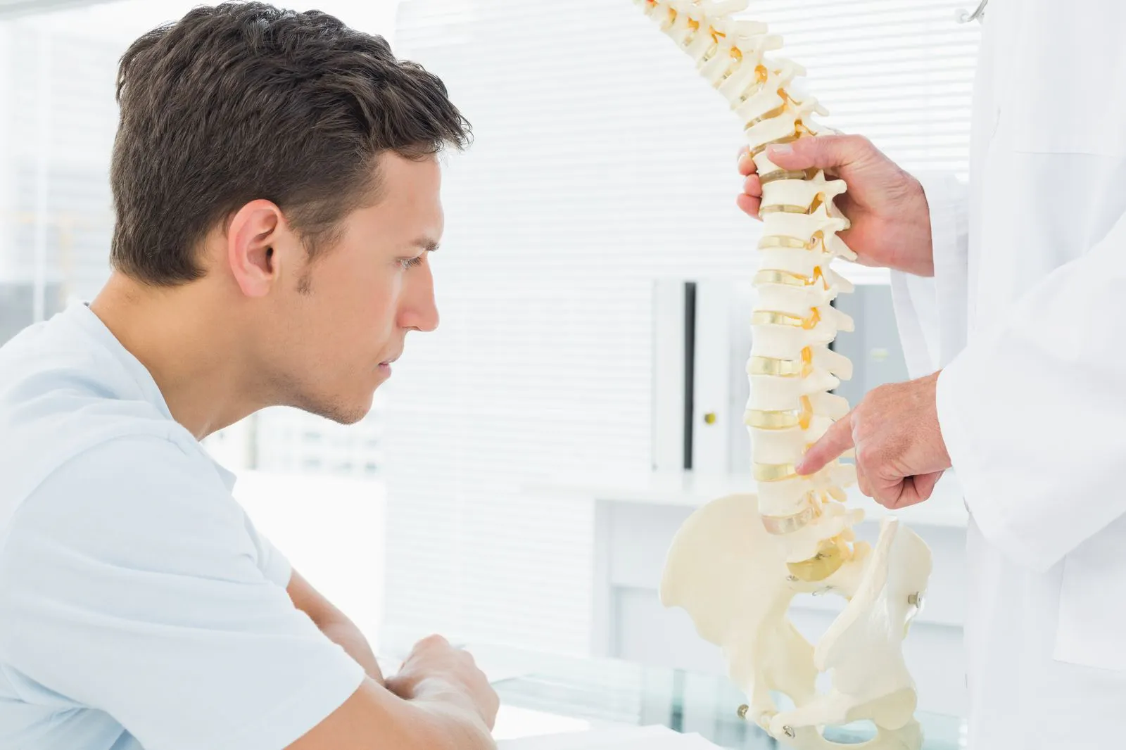 Arzt erklärt einem Patienten die Wirbelsäule am Modell