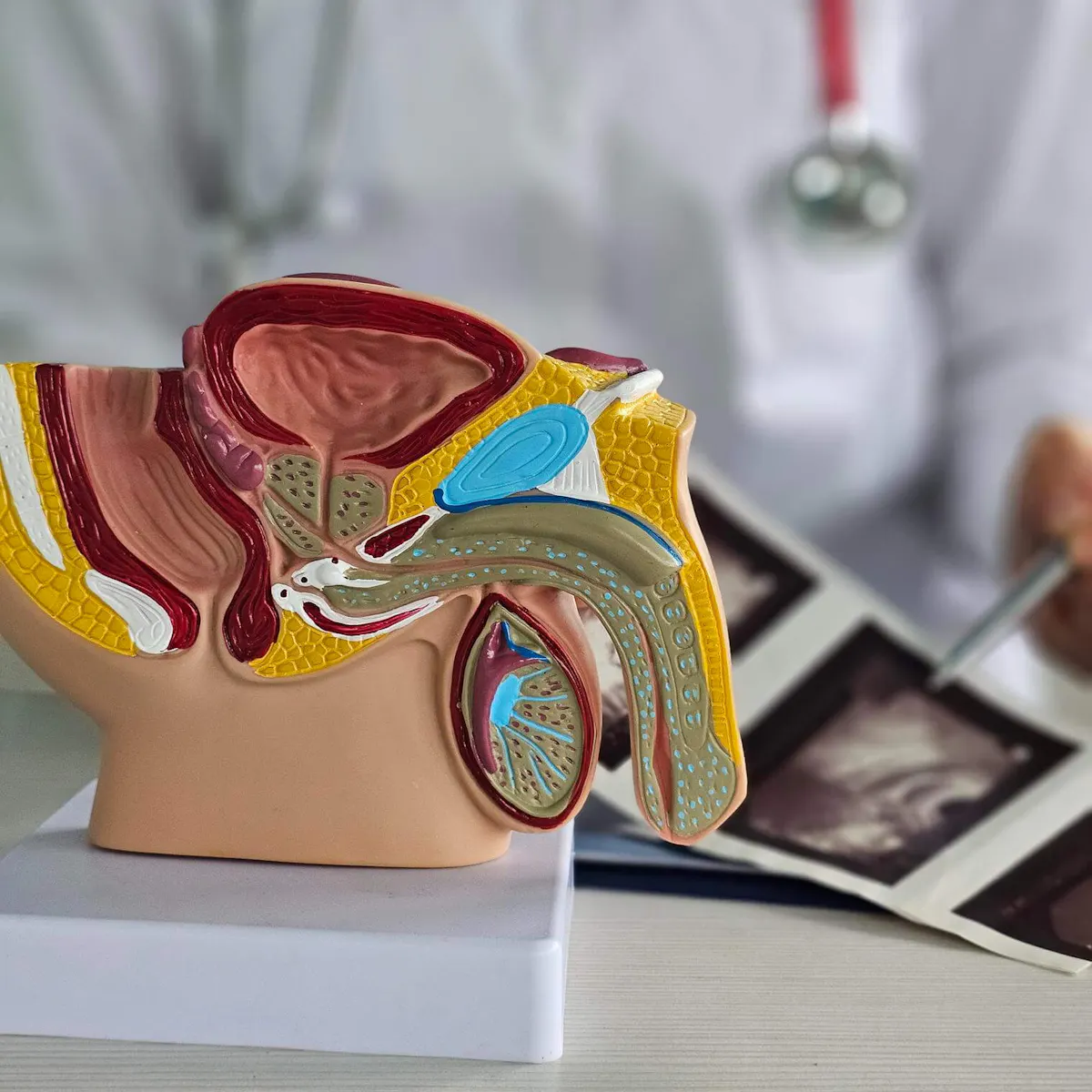 Arzt sitzt hinter anatomischem Modell des männlichen Beckens
