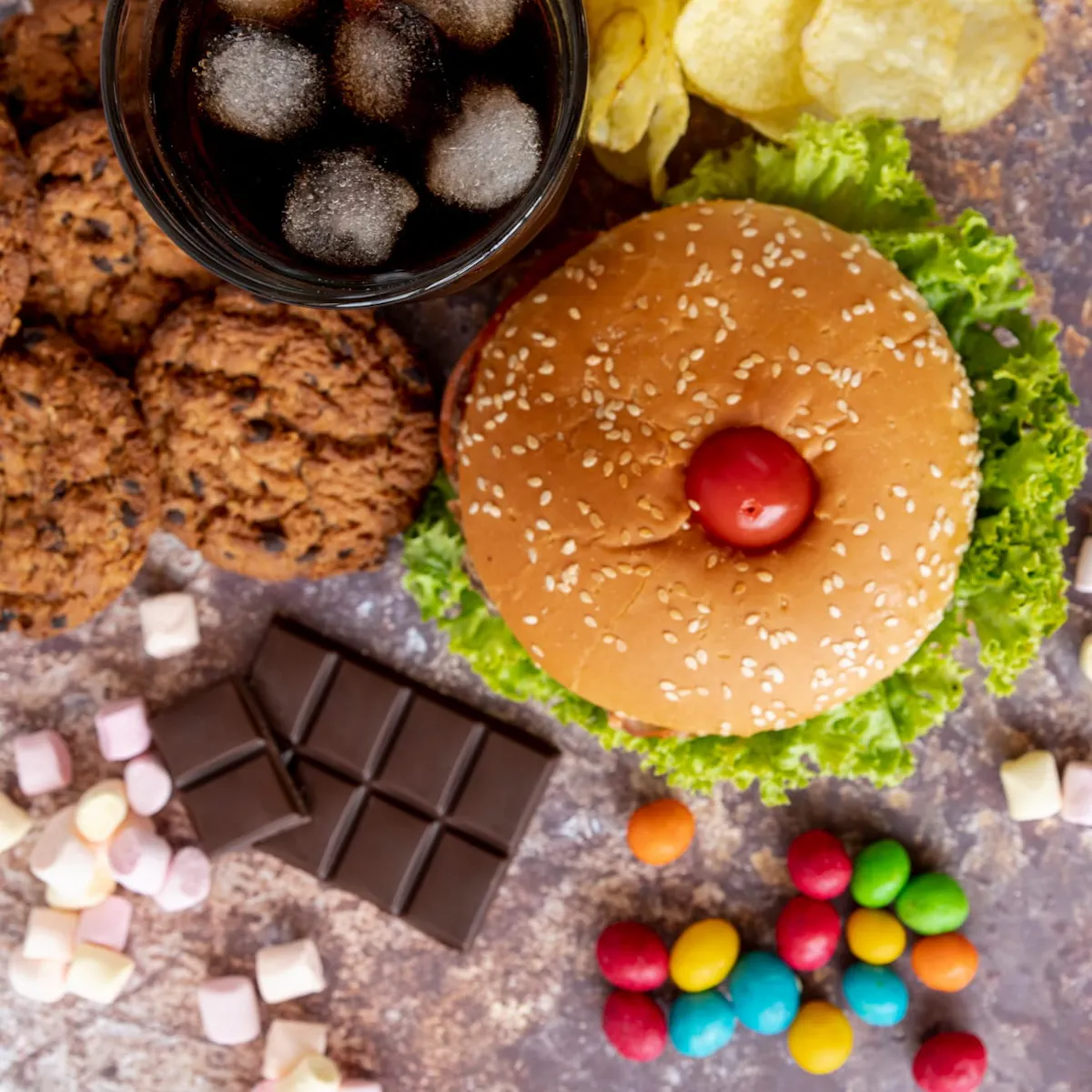 Ungesunde Lebensmittel wie Burger und Süßigkeiten liegen nebeneinader auf einem Tisch