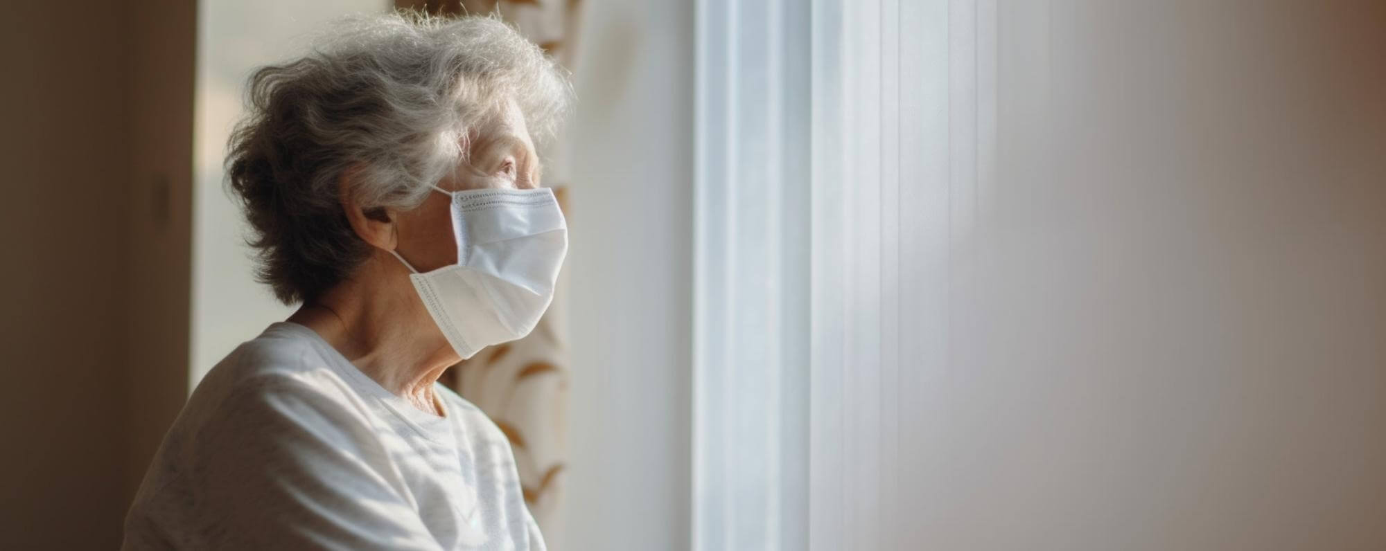 Ältere Frau mit Bronchialkarzinom trägt Atemschutzmaske und schaut aus dem Fenster