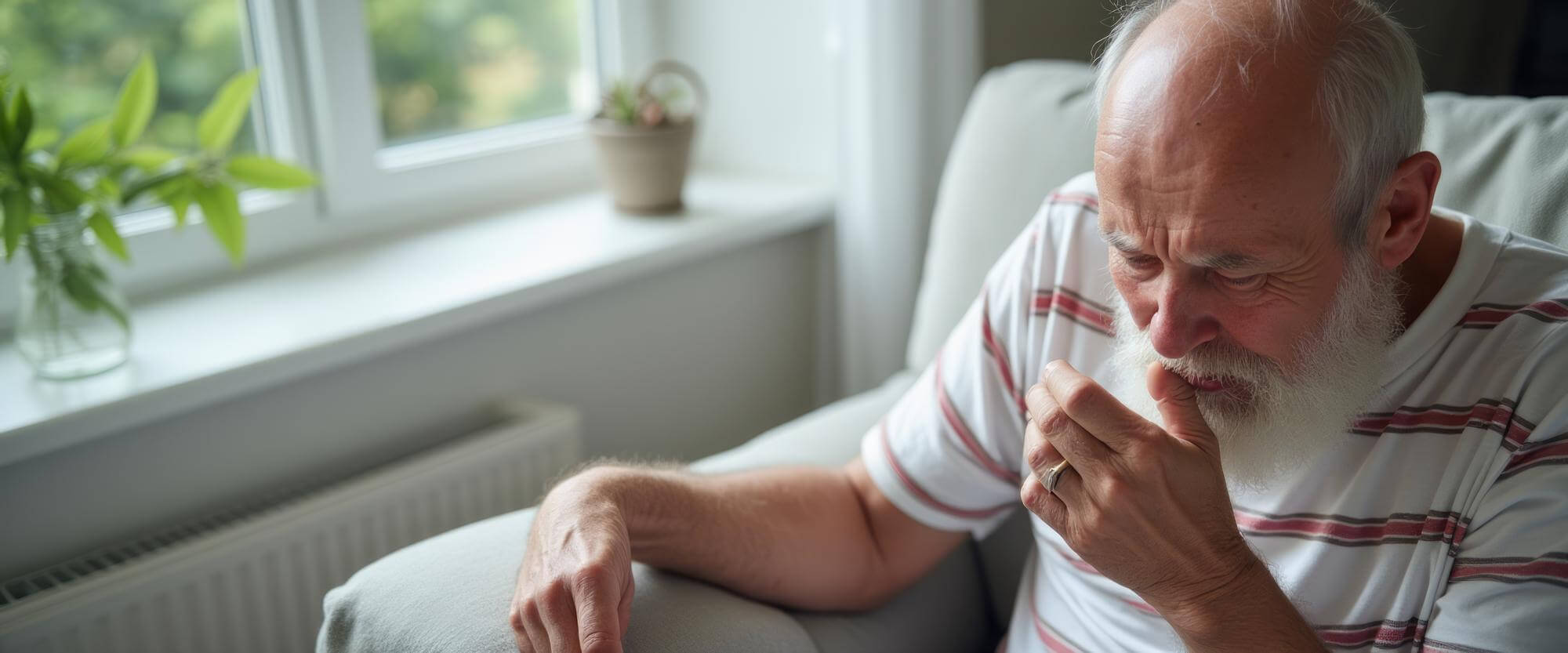 Älterer Mann sitzt in einem Sessel