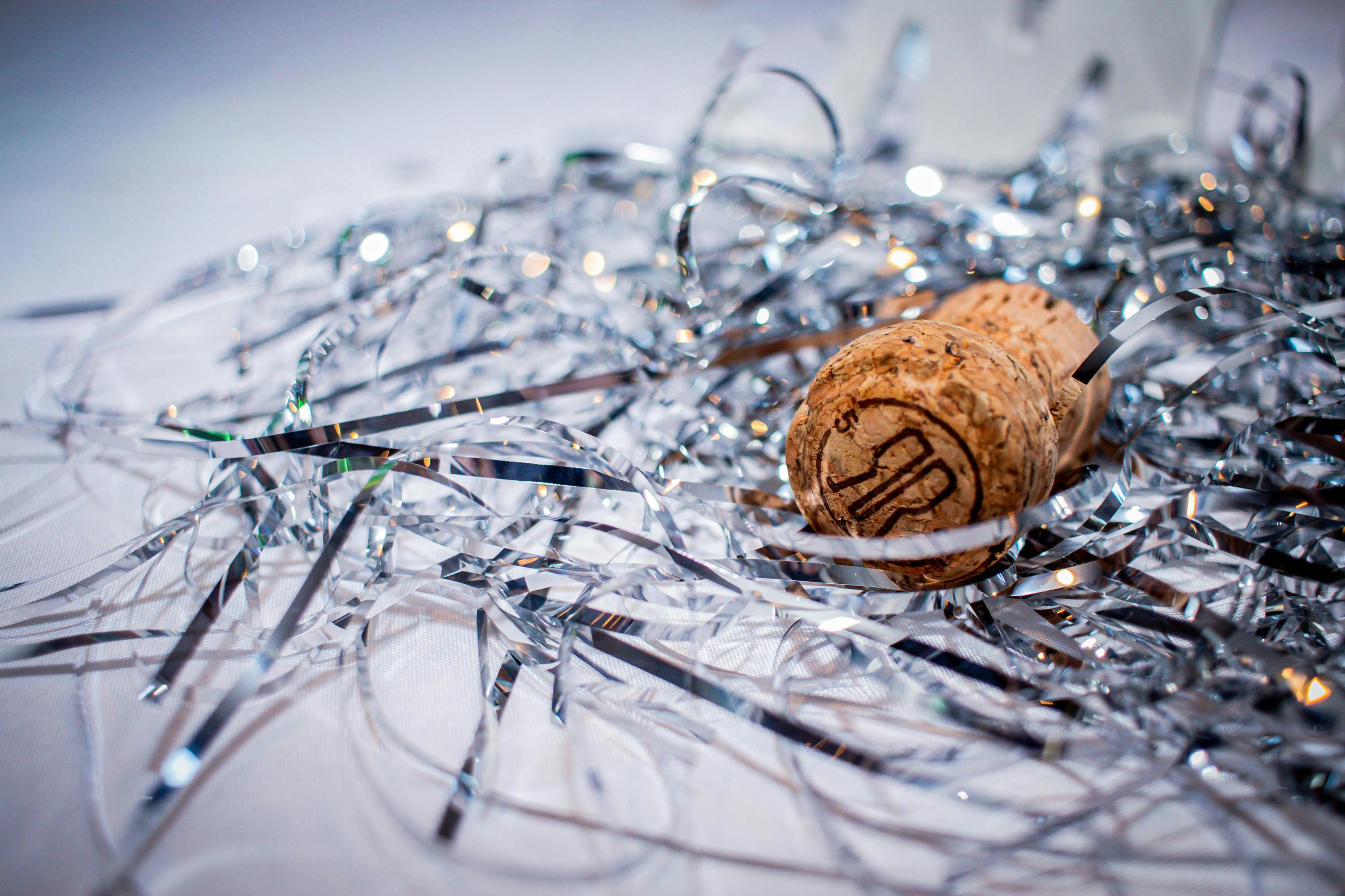 Champagne cork and silver tinsel