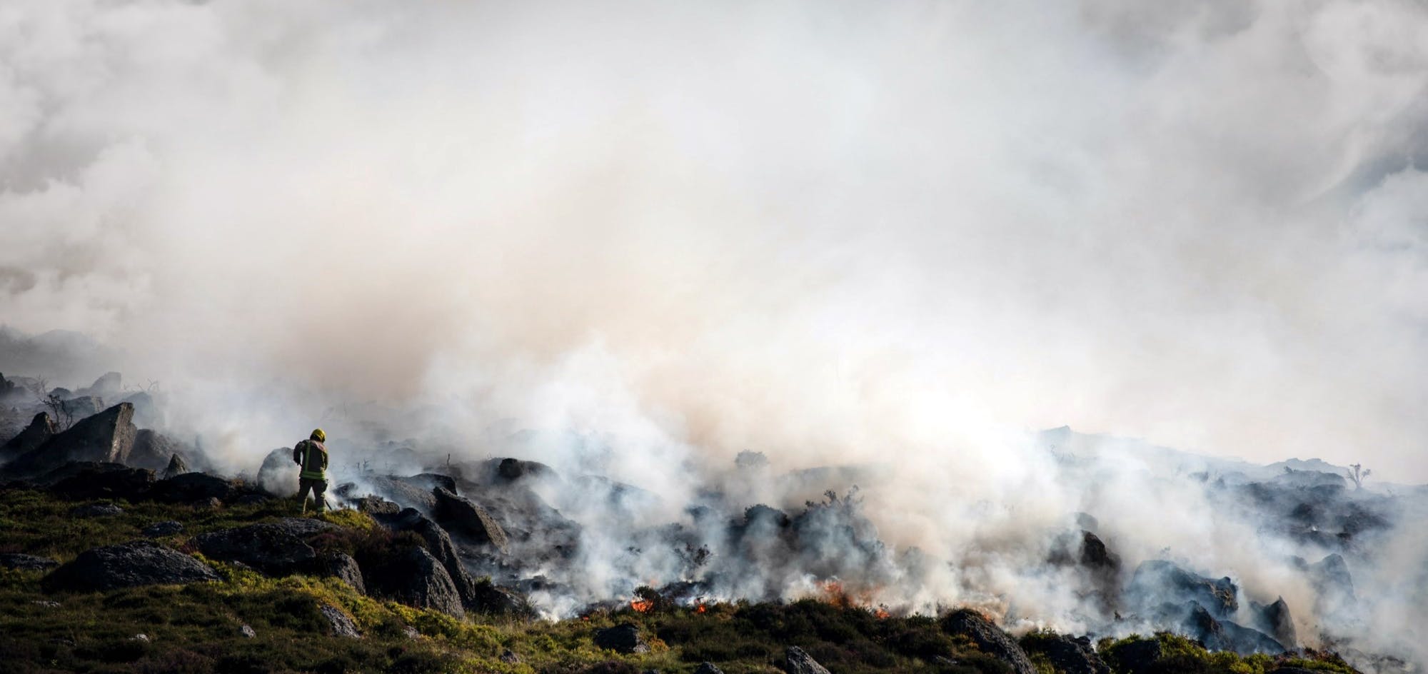 Fire fighter standing on burning hillside