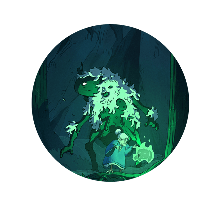 An old woman casts a magic spell on a skull in front of a large creature.