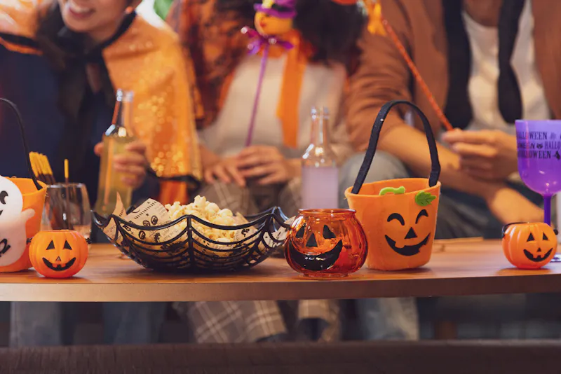 Halloween props sitting on a table.