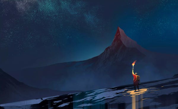 Man alone holding a torch in the arctic