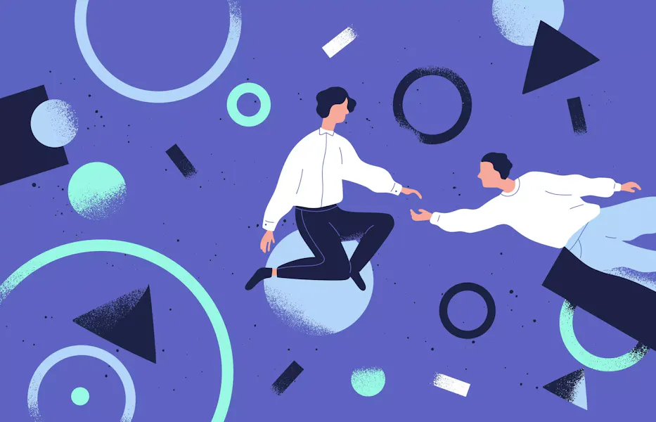 Two people trying to reach each other around various objects illustration