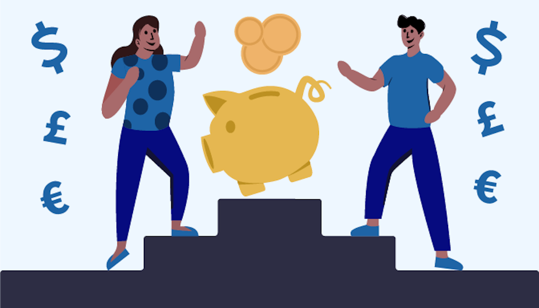A man and a woman standing around a piggy bank, dropping coins illustration