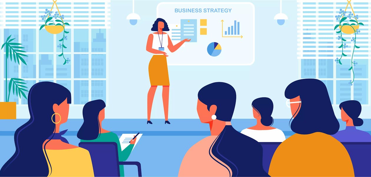 Businesswoman Doing Presentation at Large Screen with Graphs for Female Audience. Illustration.