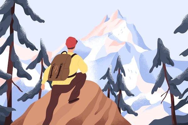 Backpacker exploring mountain wilderness.