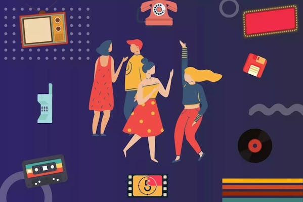 Illustration of people surrounded by multimedia