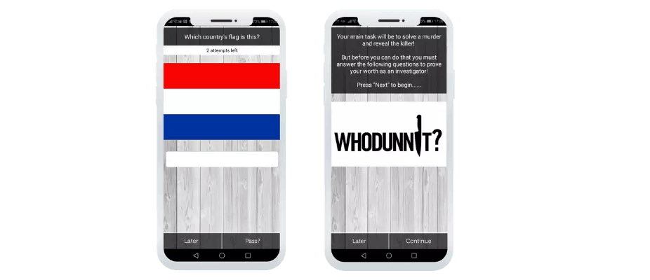 App screens - flag quize and whodunnit?