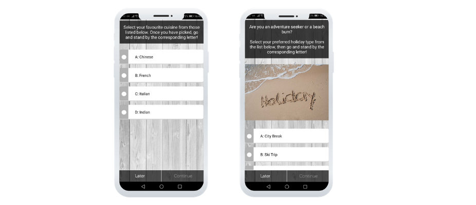 App screen with multiple choice questions. Favourite quisine