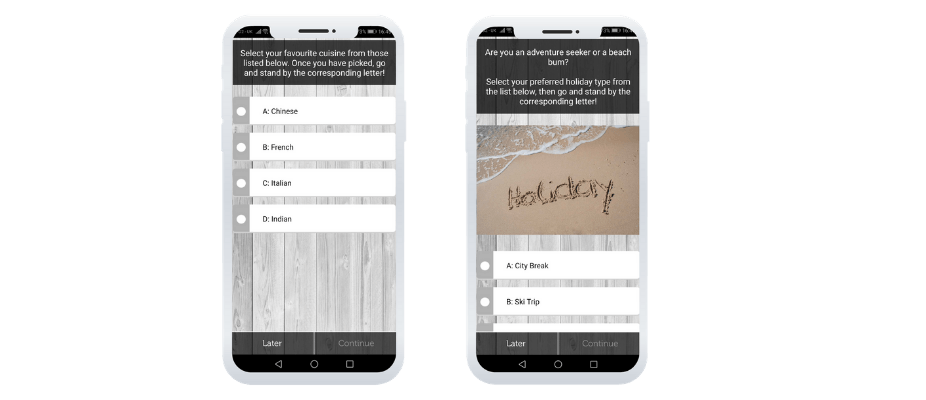 App screen with multiple choice questions. Favourite quisine