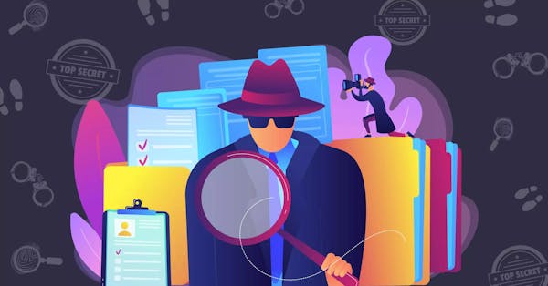Detective searching for clues with a magnifying class and documents