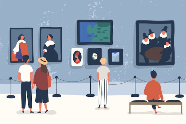 Visitors of art gallery or museum viewing exhibits illustration.