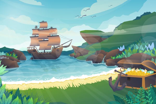 Ship in sea cove with treasure chest on beach illustration