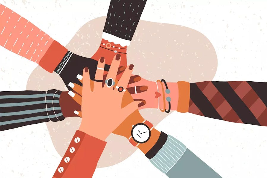 Team work, all hands in the middle