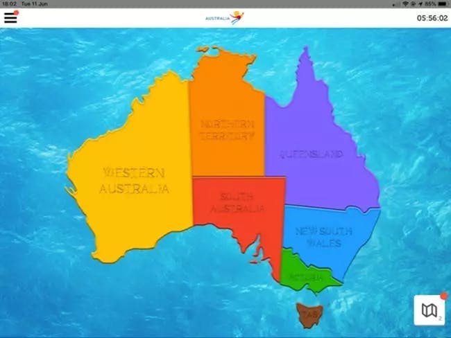 In-app screen of a map of Australia, colour coded into territories
