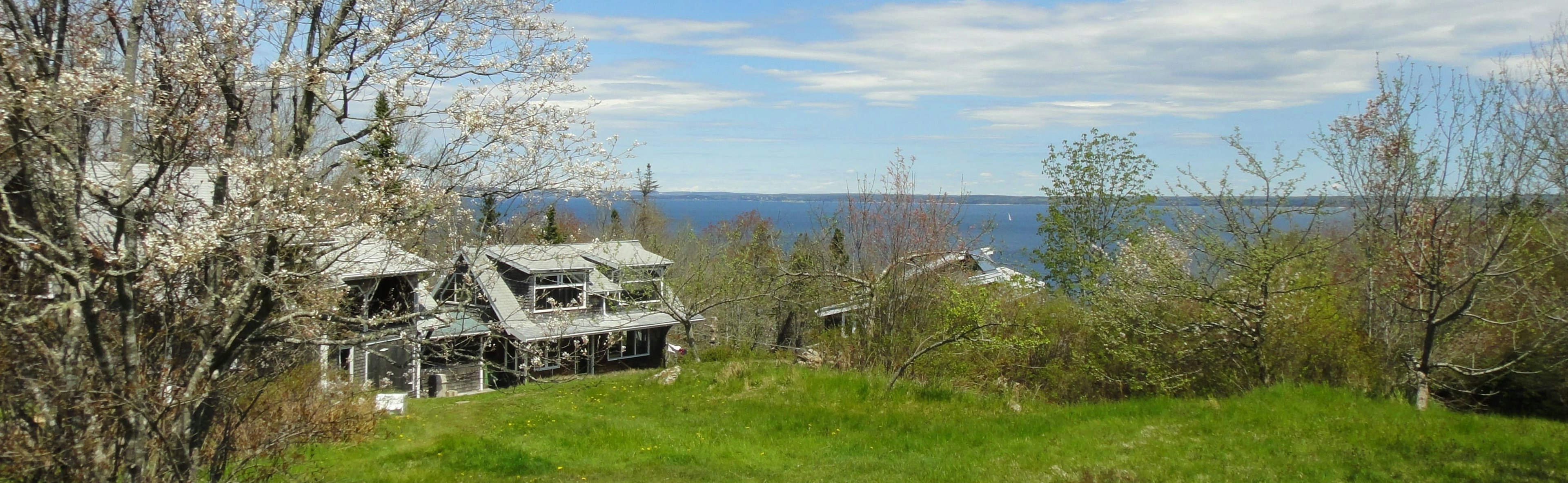 Green grassy meadow and several buildings on a hill overlooking the sea