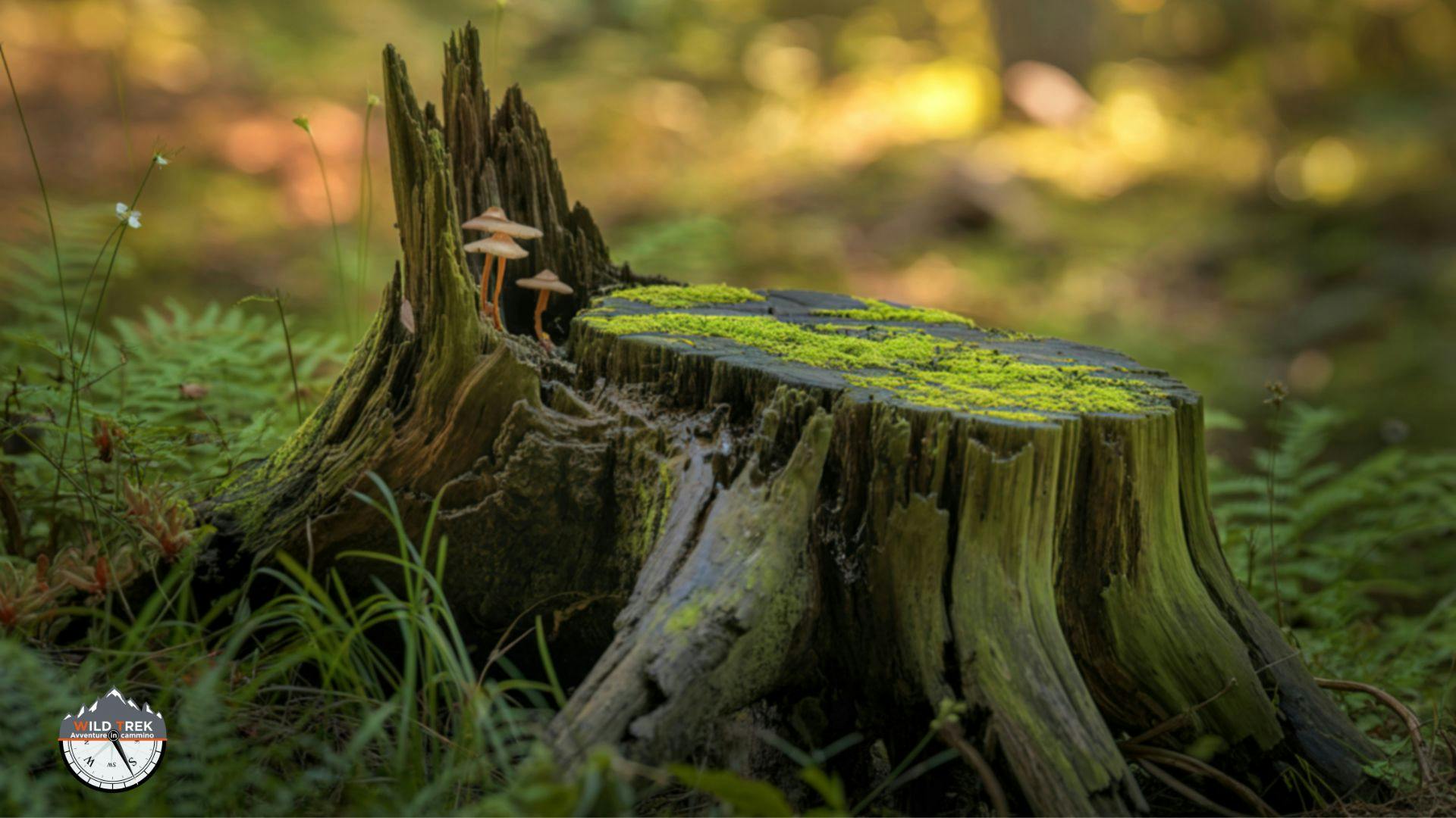 Tronco tagliato con muschio e funghi del legno