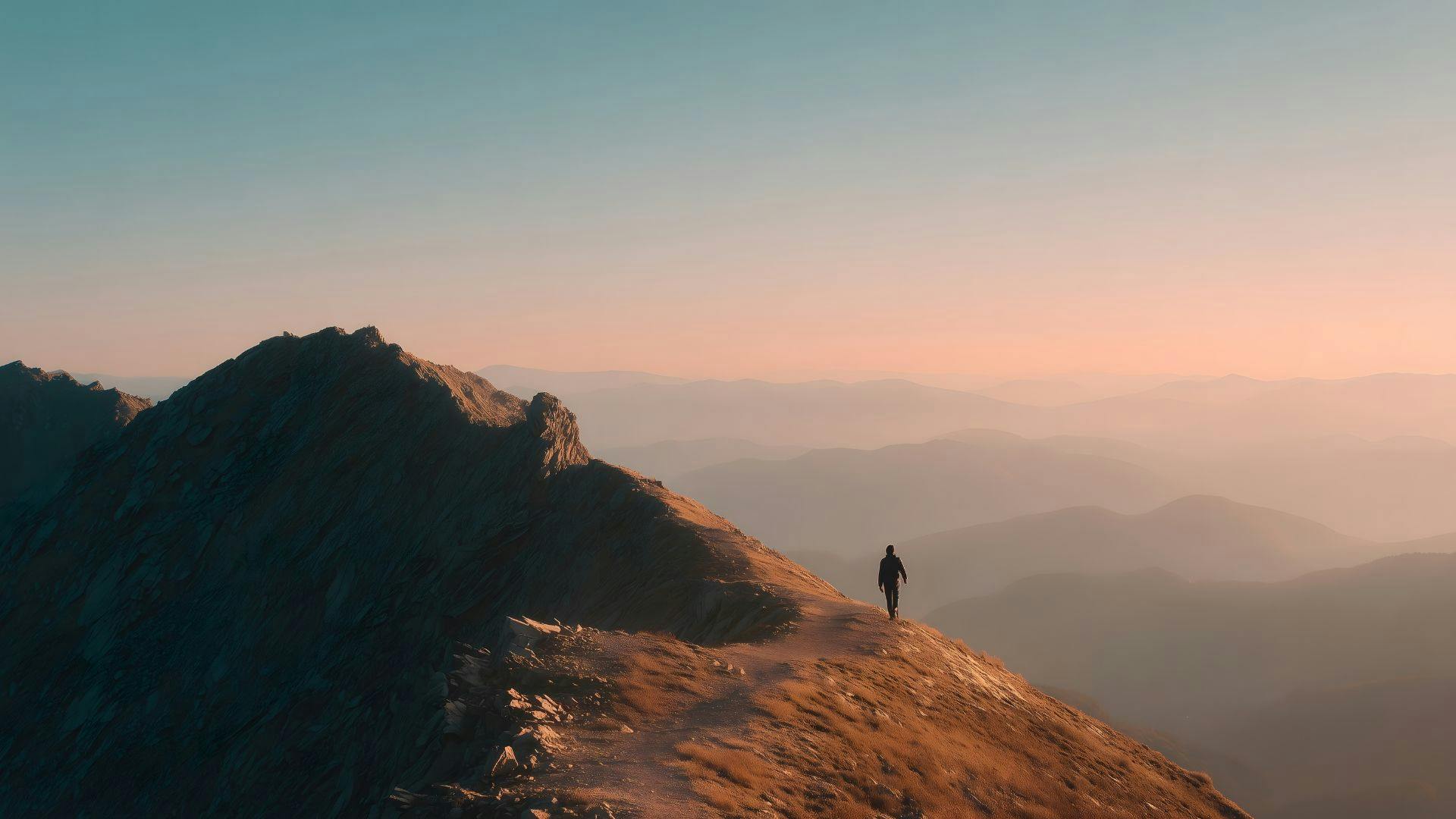 Escursionista solitario lungo un sentiero montano al tramonto