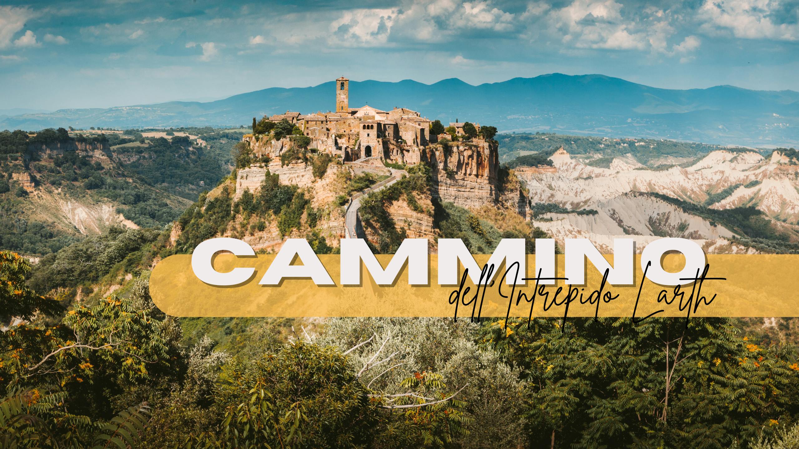 Scorcio colorato di Civita di Bagnoregio con i calanchi sullo sfondo