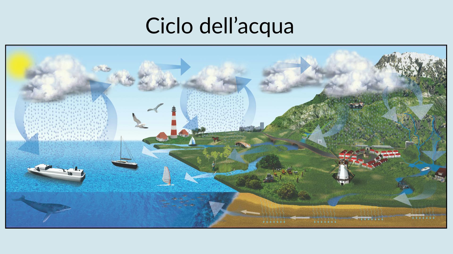 schema del ciclo dell'acqua, come si formano le precipitazioni