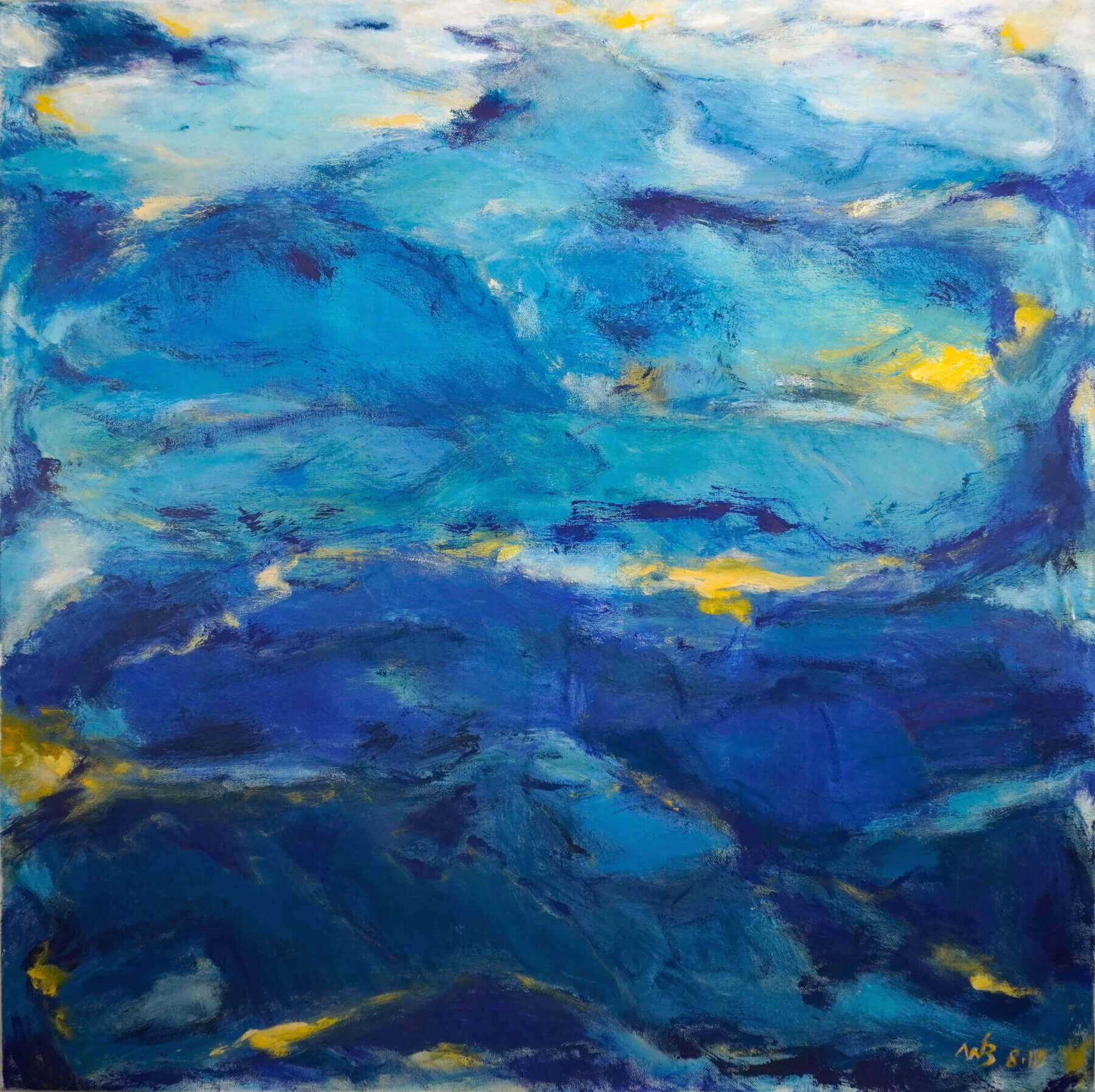 Abstraktes Gemälde "Berglandschaft". Blau mit gelben Akzenten