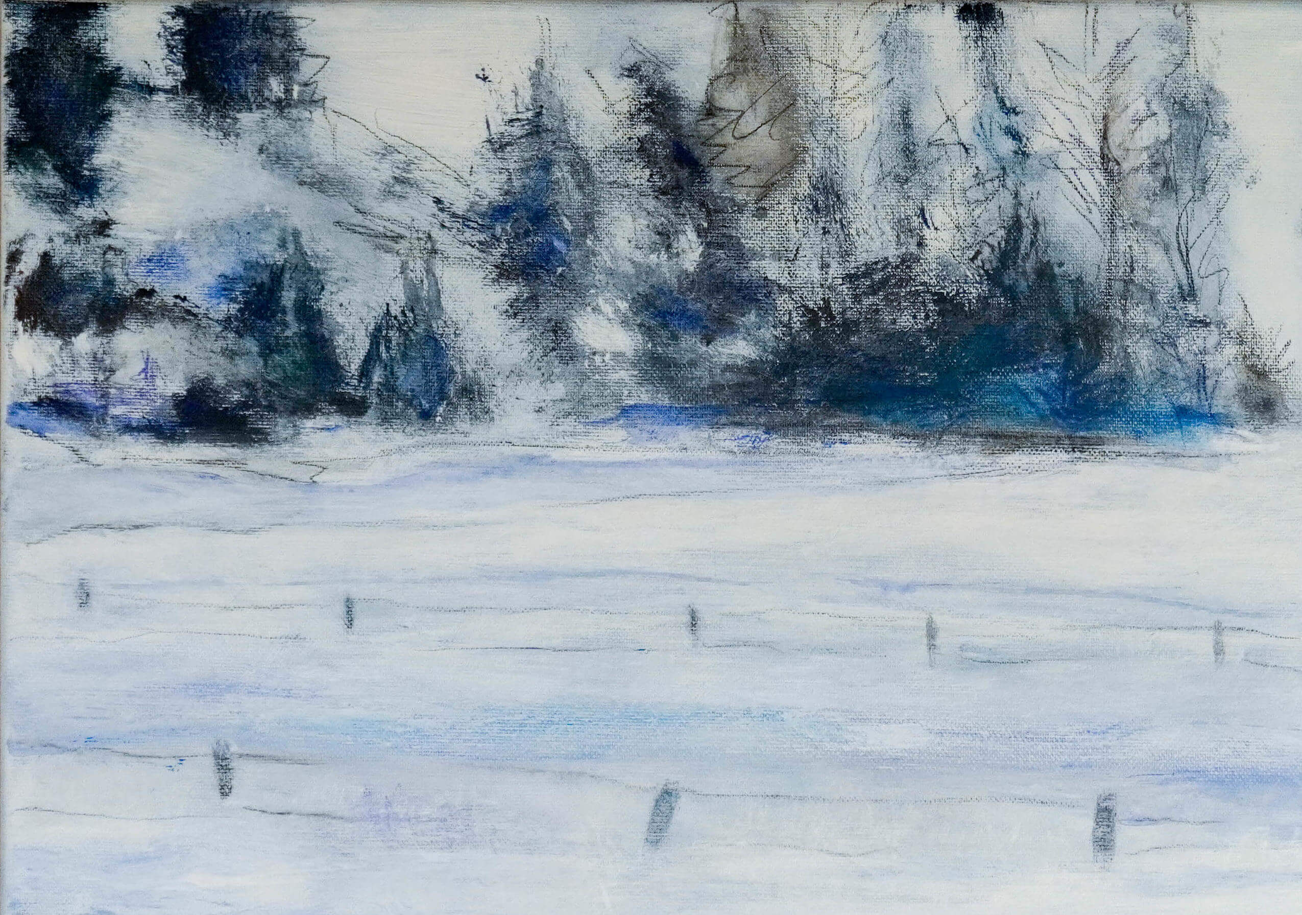 Winter in der Jachenau Gemäldeausschnitt Schneefläche mit Zaun vor Bäumen